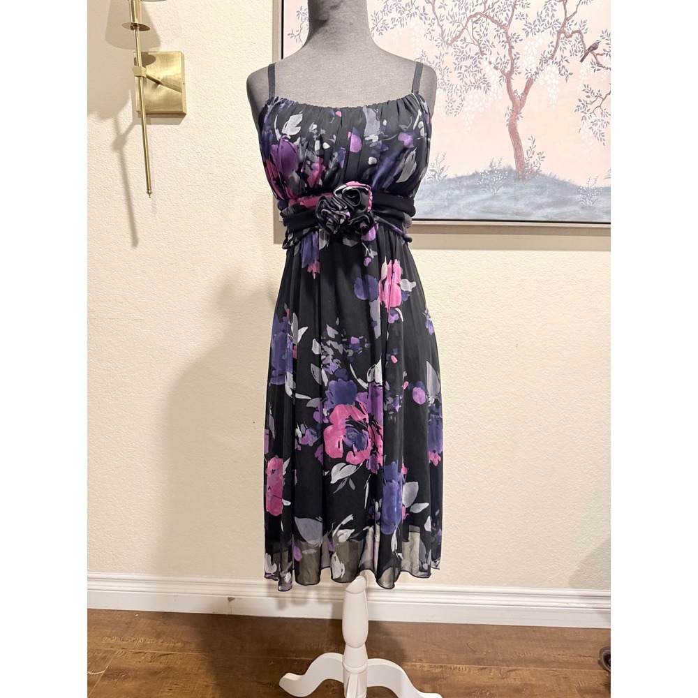 Dressbarn Collection Black Purple Pink Floral Rosette Empire Waist Midi Dress 14